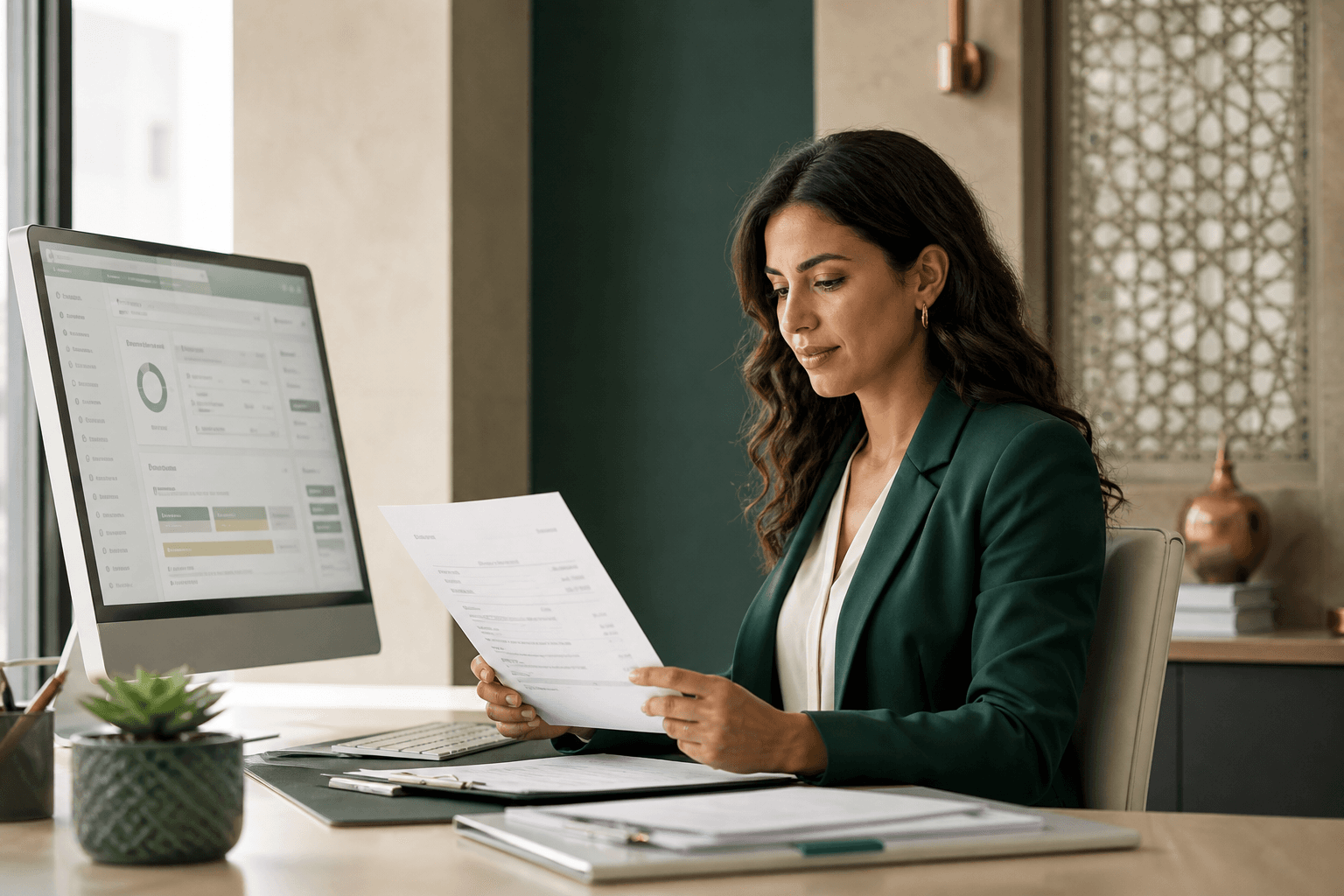 Une gestionnaire contrôle les rapports et documents d’une mission immobilière