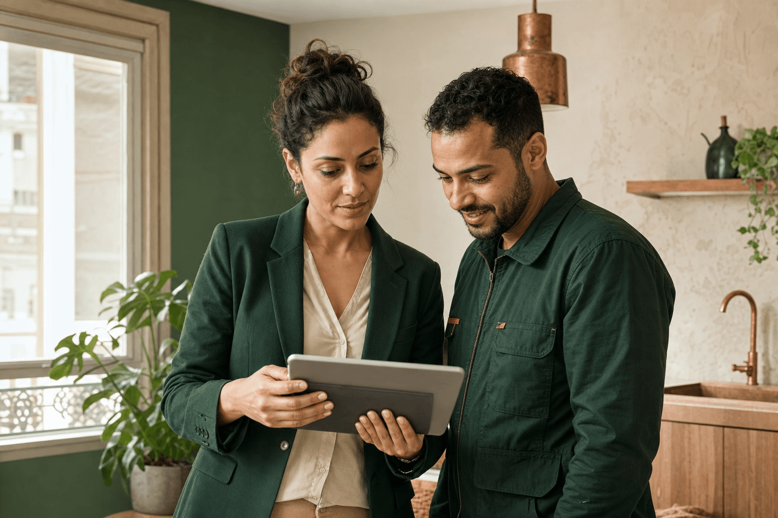 Une gestionnaire vérifie un rapport avec un technicien
