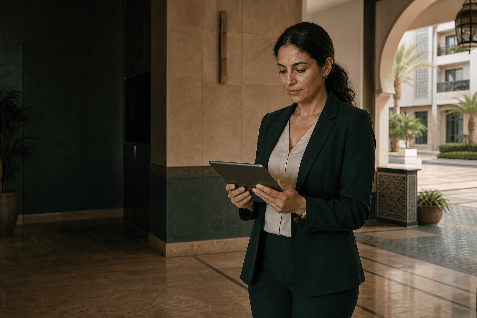 Une gestionnaire consulte ses opérations immobilières sur une tablette