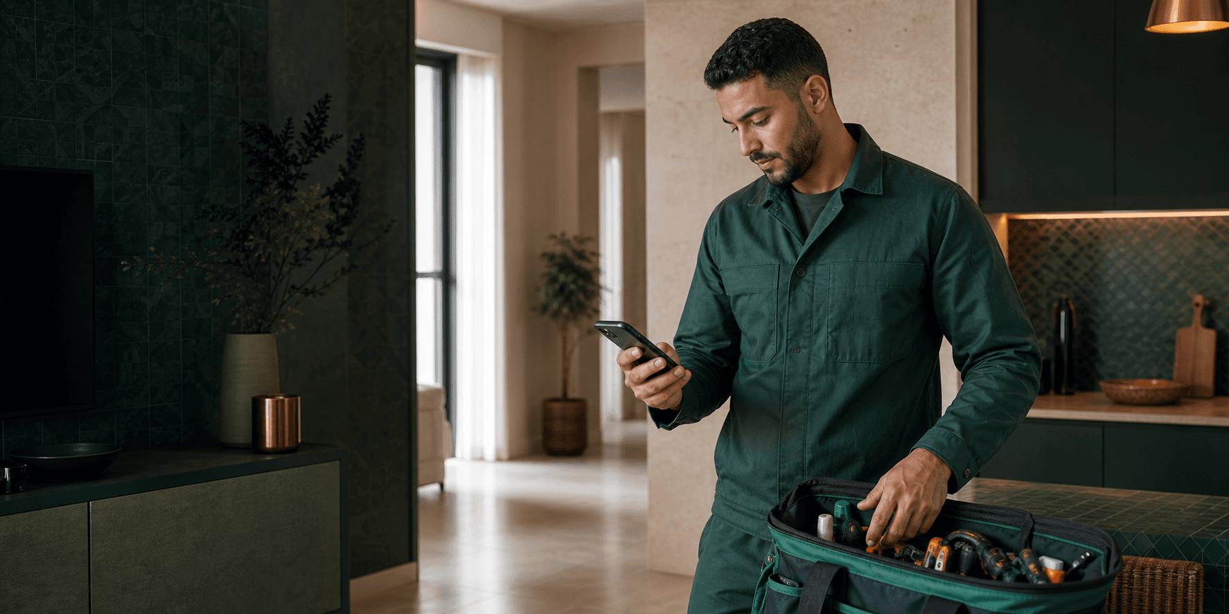 Un technicien consulte une nouvelle mission depuis son téléphone