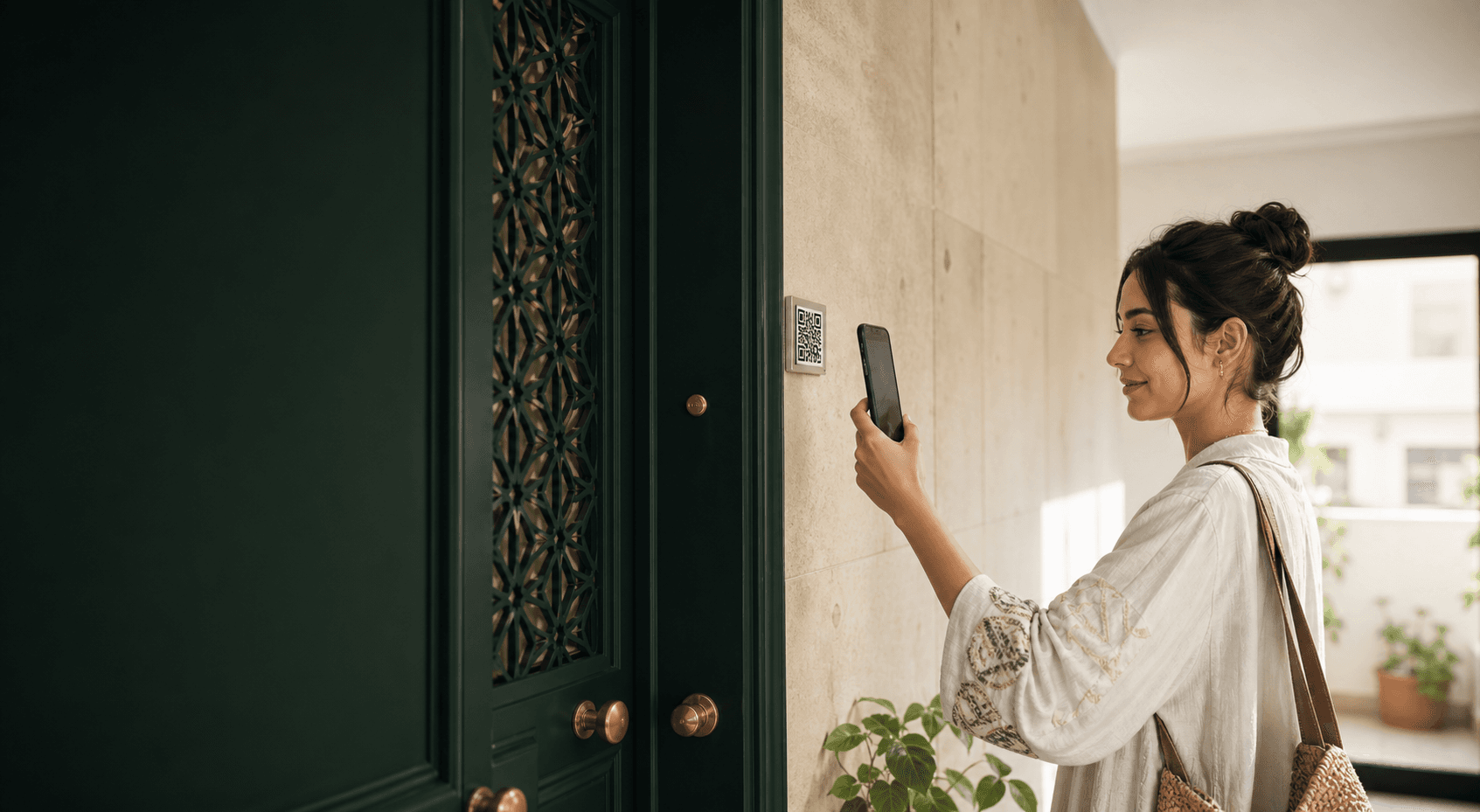Une résidente accède à son espace logement grâce au QR code